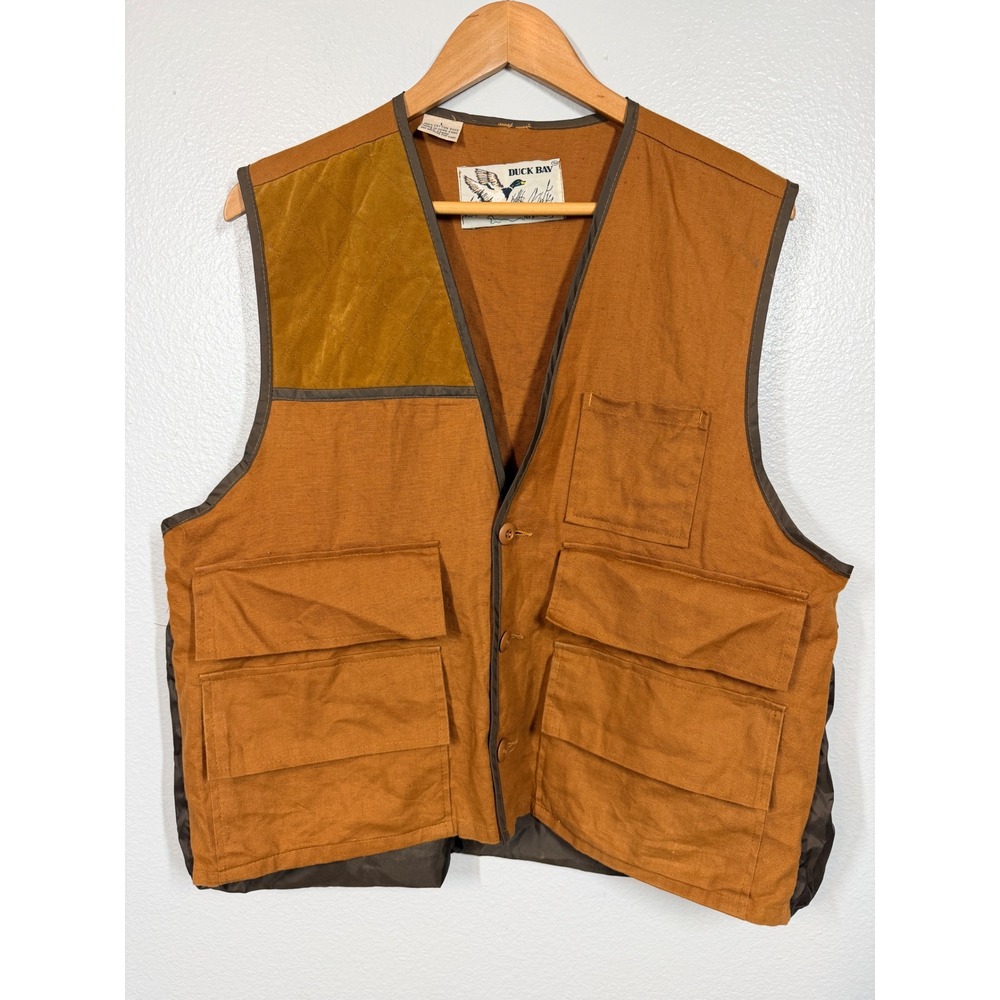 Duck Bay‎ Hunting Vest Mens Large Brown Vintage Canvas Utility Shell Pocket